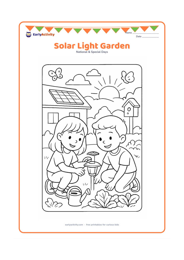 Colouring page: Draw children examining a small solar garden lamp beside a vegetable bed at sunset. Include a rooftop solar panel, a watering can, leafy vegetables, butterflies and a birdhouse.