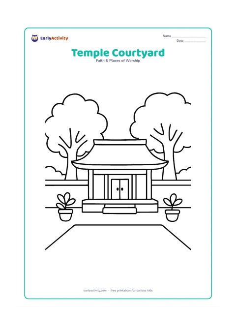 Colouring page: A peaceful temple courtyard with one central small shrine, a broad roof, two large trees and a few potted plants. Include a wide empty foreground area for colouring.