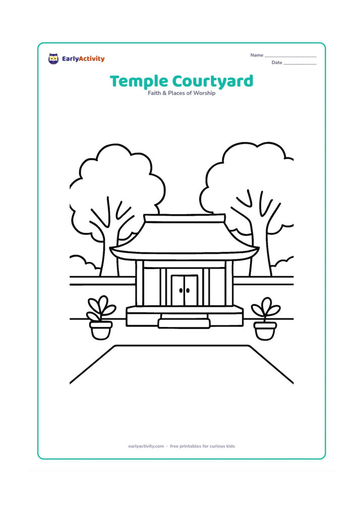 Colouring page: A peaceful temple courtyard with one central small shrine, a broad roof, two large trees and a few potted plants. Include a wide empty foreground area for colouring.