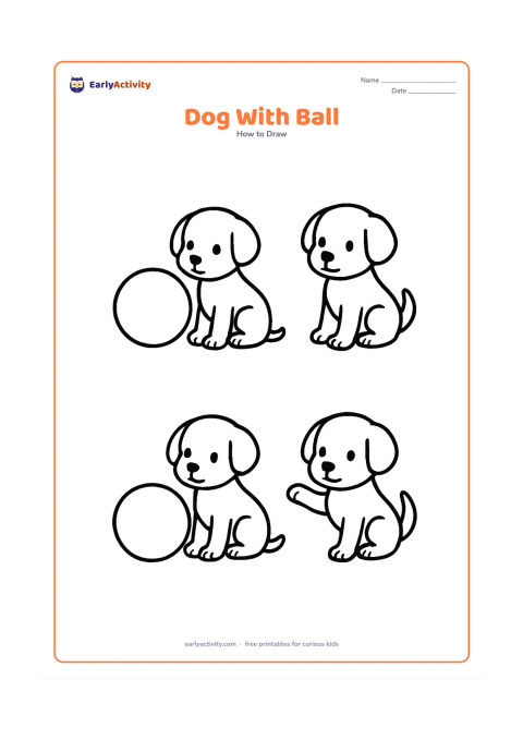 Worksheet: Show a simple puppy beside a large round ball in blank, unlabeled drawing stages. In the final stage, the puppy has one raised paw touching the ball and a curved tail.
