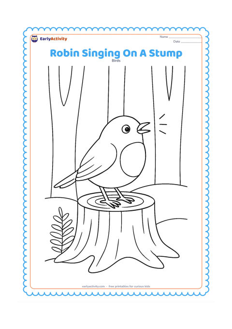 Colouring page: Draw a robin standing on a woodland stump with its beak open as if singing. Add a few tall tree trunks, a fern and a simple curved woodland floor.