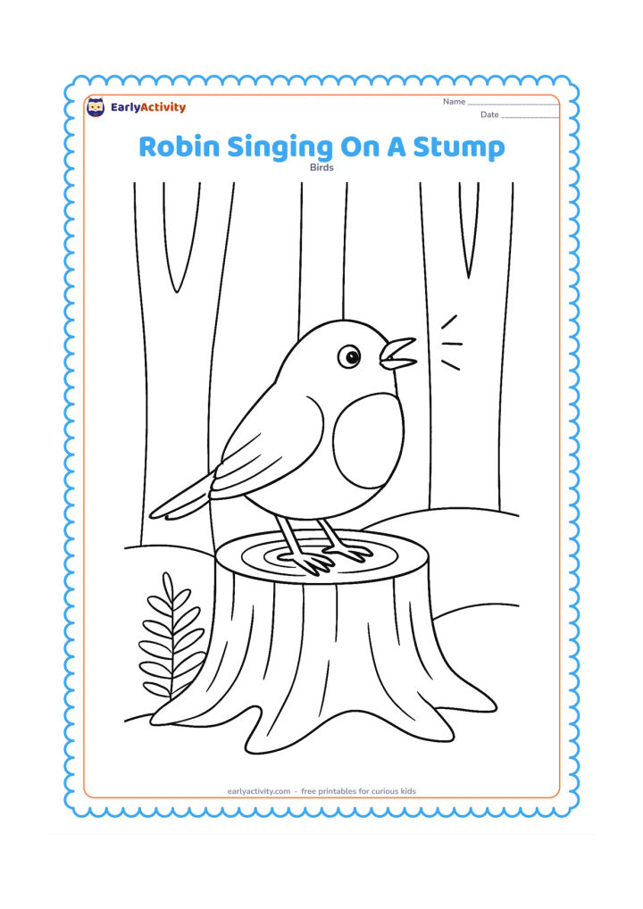 Colouring page: Draw a robin standing on a woodland stump with its beak open as if singing. Add a few tall tree trunks, a fern and a simple curved woodland floor.