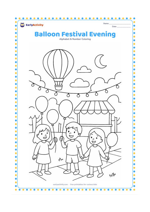 Colouring page: Draw a cheerful evening festival scene with children holding plain balloons near a decorated but unlettered stall, while a large hot-air balloon rises in the background. Add strings of…