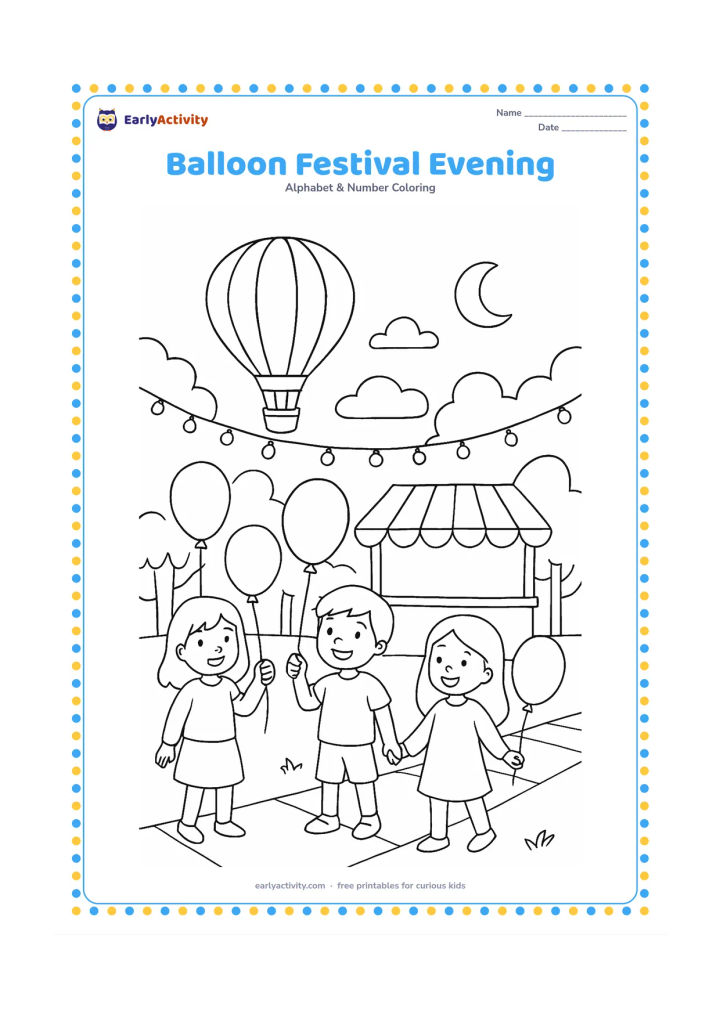 Colouring page: Draw a cheerful evening festival scene with children holding plain balloons near a decorated but unlettered stall, while a large hot-air balloon rises in the background. Add strings of…