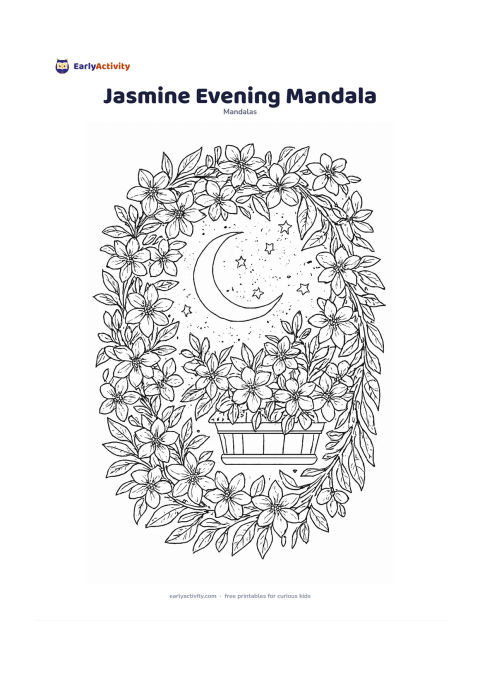 Colouring page: Build a circular design from clusters of five-petalled jasmine flowers, linked by delicate vines and pointed leaves. Place a small balcony planter and a crescent-shaped arrangement of…