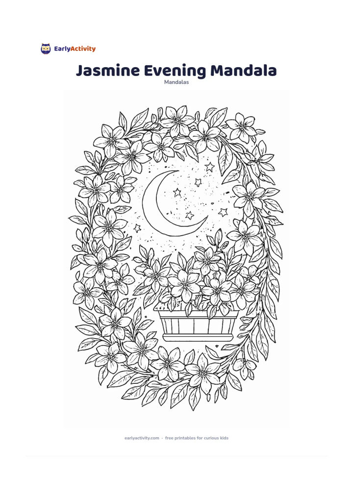 Colouring page: Build a circular design from clusters of five-petalled jasmine flowers, linked by delicate vines and pointed leaves. Place a small balcony planter and a crescent-shaped arrangement of…