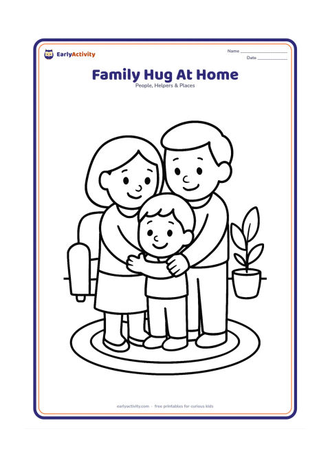 Colouring page: Show two caring adults and one child giving a cheerful group hug in a simple living room. Include a sofa, a small rug and one potted plant with plenty of open space.