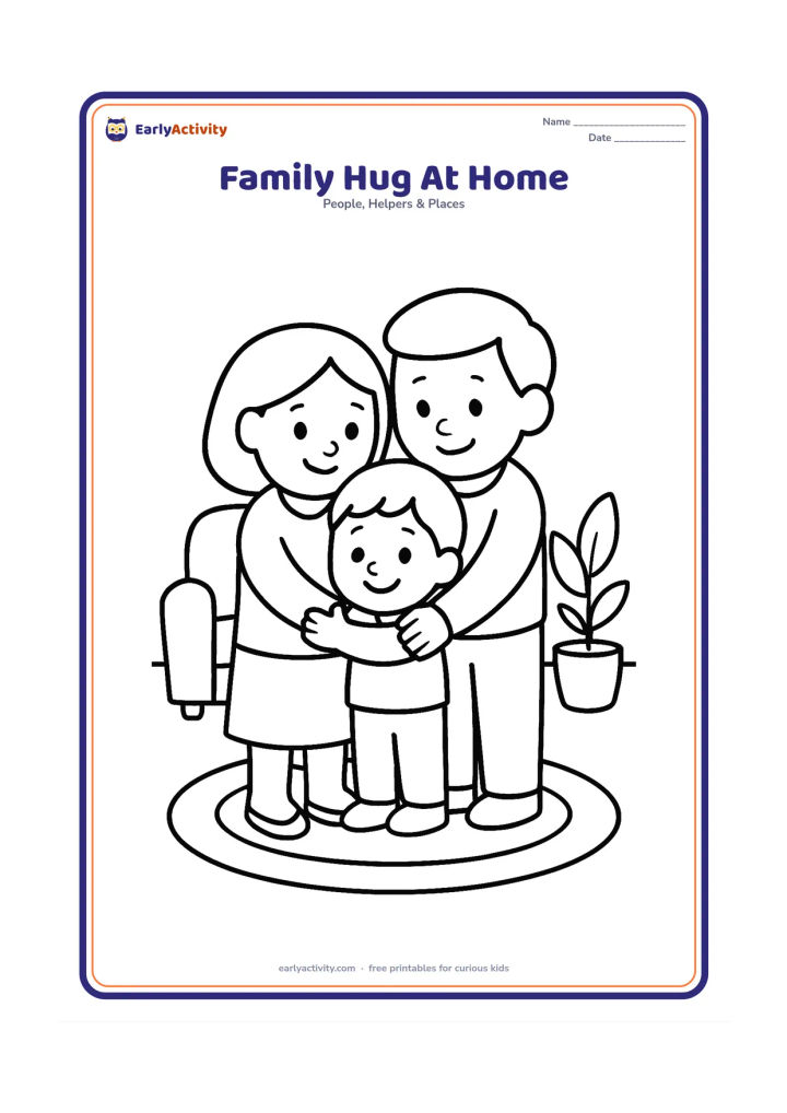 Colouring page: Show two caring adults and one child giving a cheerful group hug in a simple living room. Include a sofa, a small rug and one potted plant with plenty of open space.