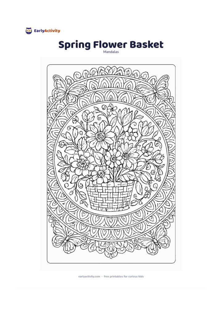 Colouring page: Create a circular mandala centred on a woven basket overflowing with spring flowers, surrounded by butterflies, buds, leaves and curling stems. Arrange repeated petals and basket-weave…