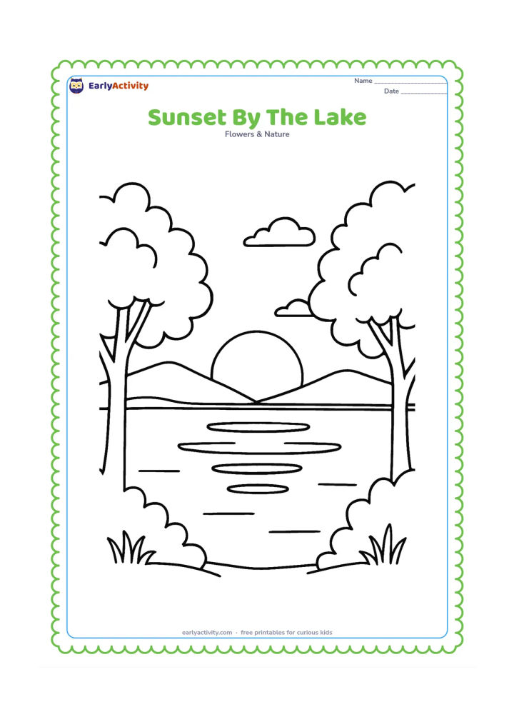 Colouring page: Draw a low sun setting over a calm lake, with its reflection on the water, two leafy trees at the sides and distant hills. Add a few simple clouds near the horizon.
