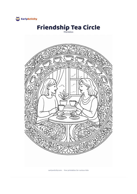Colouring page: Create a circular mandala with two adult friends seated across a small table sharing tea, surrounded by cushions, a plant and a window showing soft daylight. Use repeated cups, saucers,…