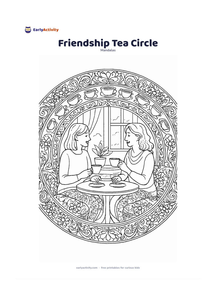 Colouring page: Create a circular mandala with two adult friends seated across a small table sharing tea, surrounded by cushions, a plant and a window showing soft daylight. Use repeated cups, saucers,…