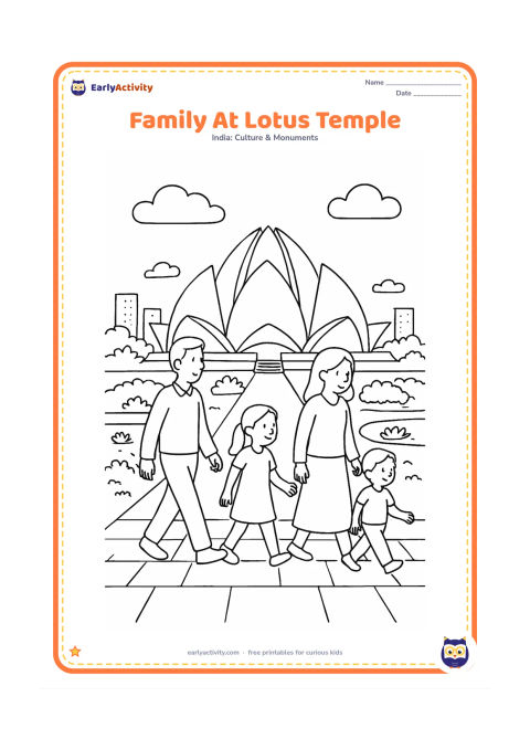 Colouring page: Draw a family of four walking quietly along a paved path toward the Lotus Temple, with pools, garden shrubs, and a few Delhi buildings far behind. Show the temple's layered petals…