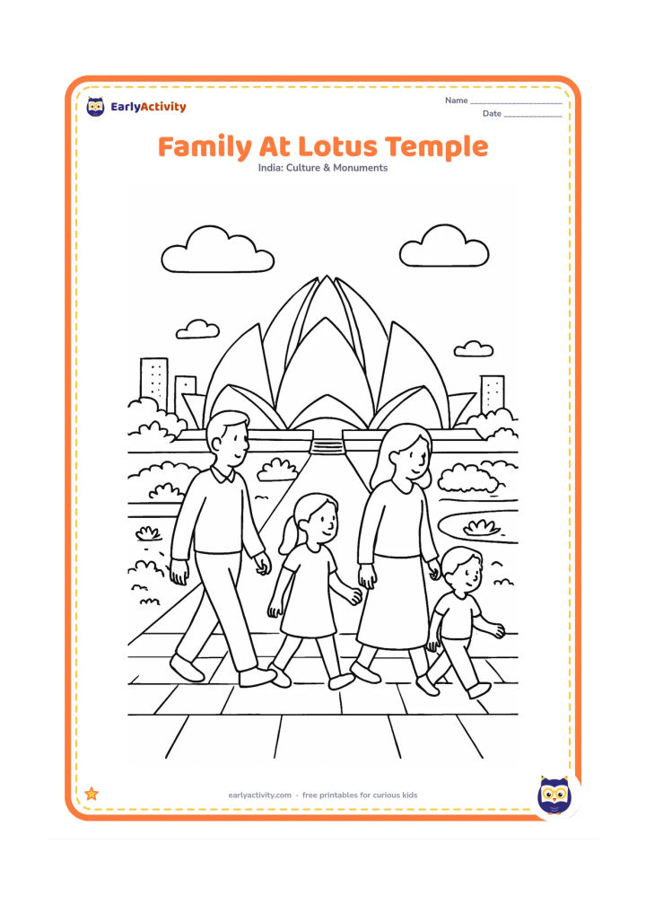 Colouring page: Draw a family of four walking quietly along a paved path toward the Lotus Temple, with pools, garden shrubs, and a few Delhi buildings far behind. Show the temple's layered petals…