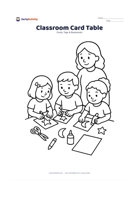 Worksheet: Children at a classroom table decorate card fronts with crayons, glue, scissors, stars, a crescent, and a gift shape. Show a teacher or older helper nearby and leave one large card front…