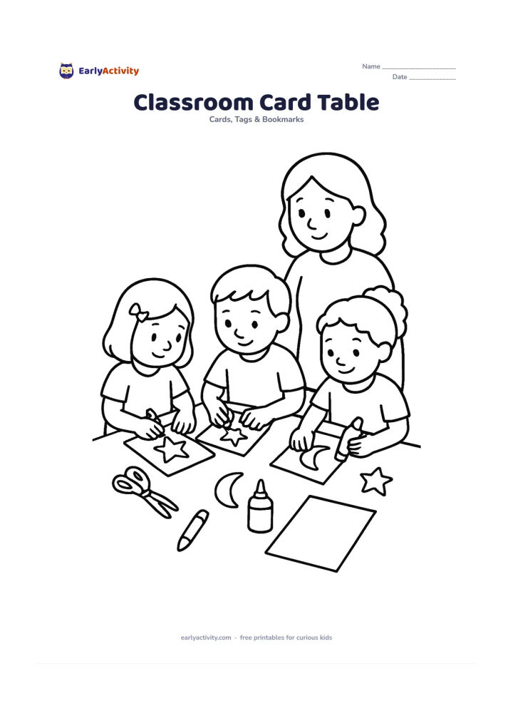 Worksheet: Children at a classroom table decorate card fronts with crayons, glue, scissors, stars, a crescent, and a gift shape. Show a teacher or older helper nearby and leave one large card front…