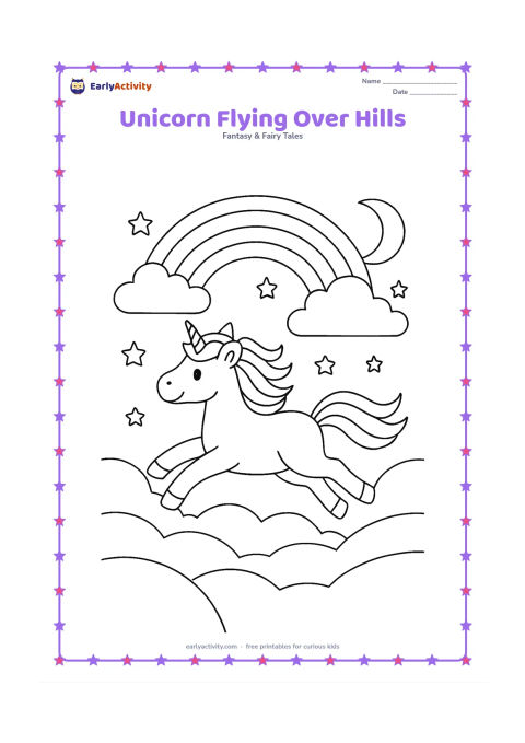 Colouring page: Draw a flying unicorn crossing a sky above layered hills, with clouds, a rainbow, small stars, and a crescent moon. Show the legs stretched forward and the tail streaming behind.