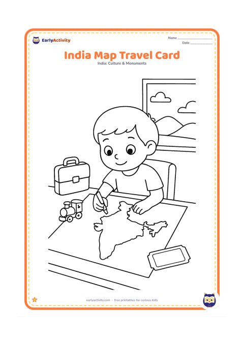 Colouring page: Show a child at a desk colouring a blank India map on a large card, with a small suitcase, train toy, ticket-shaped blank card, and a window showing hills outside. Keep every card…