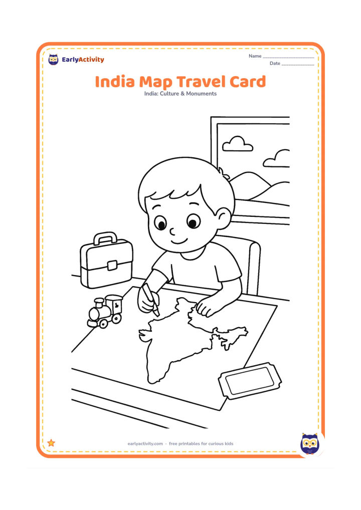 Colouring page: Show a child at a desk colouring a blank India map on a large card, with a small suitcase, train toy, ticket-shaped blank card, and a window showing hills outside. Keep every card…