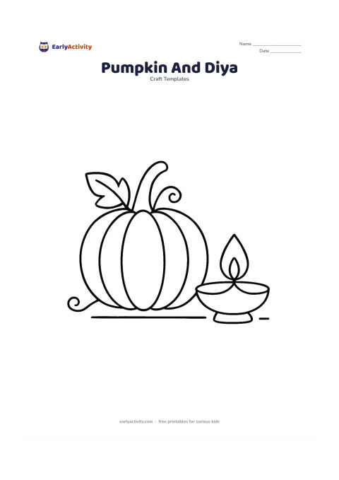 Worksheet: A large pumpkin sits beside a simple unlit diya with a broad flame-shaped outline, two leaves, and a curved vine. Arrange the objects as separate craft shapes on an open ground line.