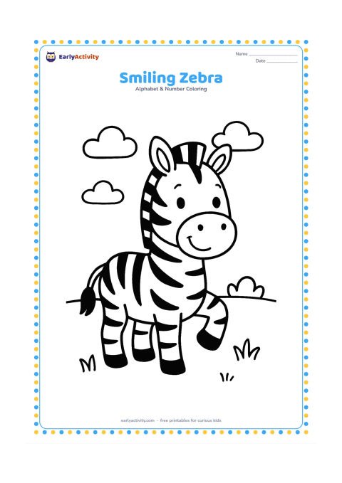 Colouring page: Draw a friendly zebra standing in a wide open meadow, facing the viewer with a gentle smile and one hoof lifted. Keep the body large, with clear black-and-white stripe sections and only…