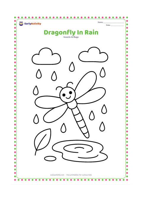 Colouring page: A dragonfly flies above a small puddle during a gentle rain shower, with large raindrops, two simple clouds, a leaf, and puddle ripples. Keep the insect's four wings and long body easy…