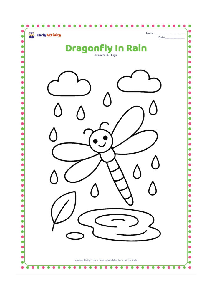 Colouring page: A dragonfly flies above a small puddle during a gentle rain shower, with large raindrops, two simple clouds, a leaf, and puddle ripples. Keep the insect's four wings and long body easy…