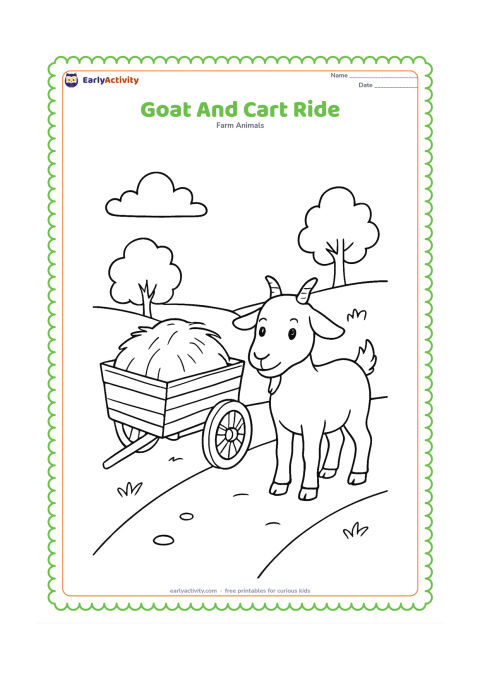 Colouring page: Draw a goat standing beside a simple wooden farm cart, with a bundle of hay in the cart and a pair of large wheels. Place the scene on a village path with a few trees.