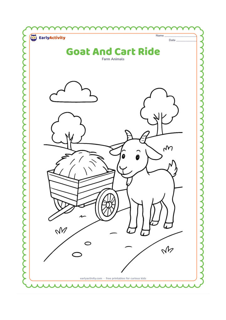 Colouring page: Draw a goat standing beside a simple wooden farm cart, with a bundle of hay in the cart and a pair of large wheels. Place the scene on a village path with a few trees.