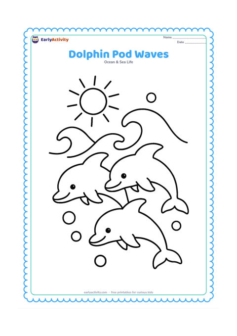 Colouring page: Draw three friendly dolphins swimming together in a small pod through two big rolling waves. Add a simple sun above the horizon and a few large bubbles around the dolphins.