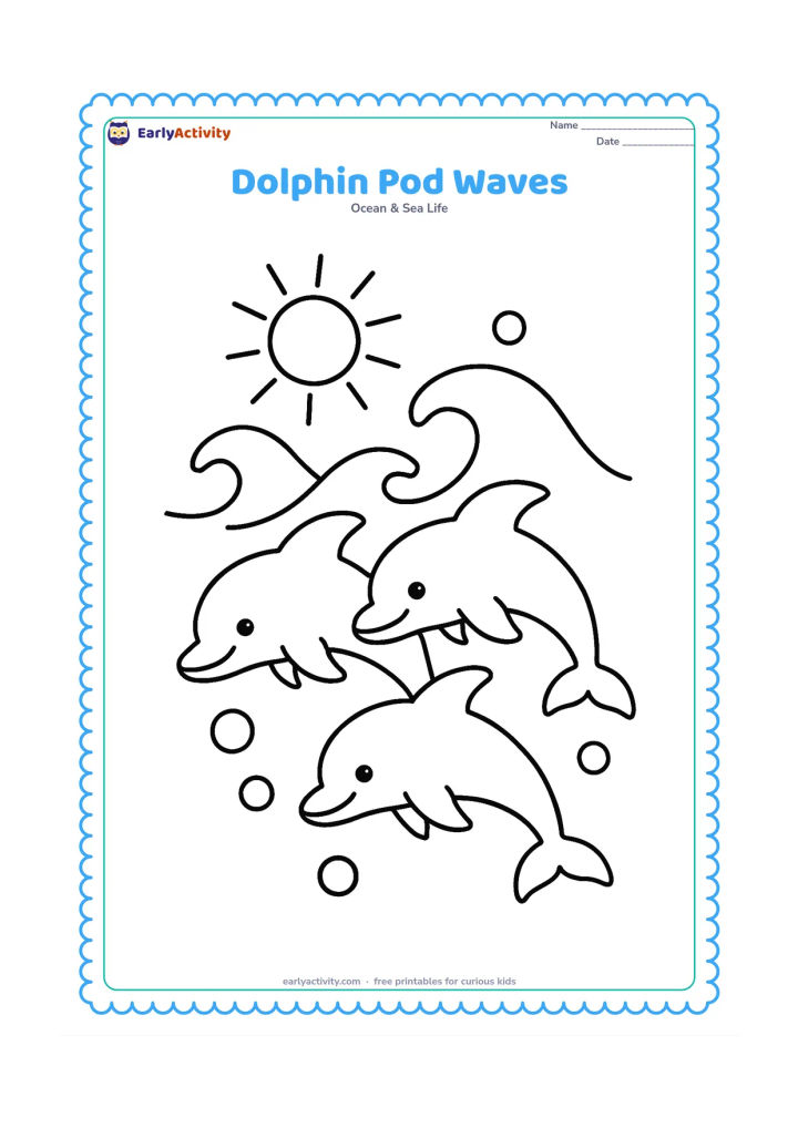 Colouring page: Draw three friendly dolphins swimming together in a small pod through two big rolling waves. Add a simple sun above the horizon and a few large bubbles around the dolphins.