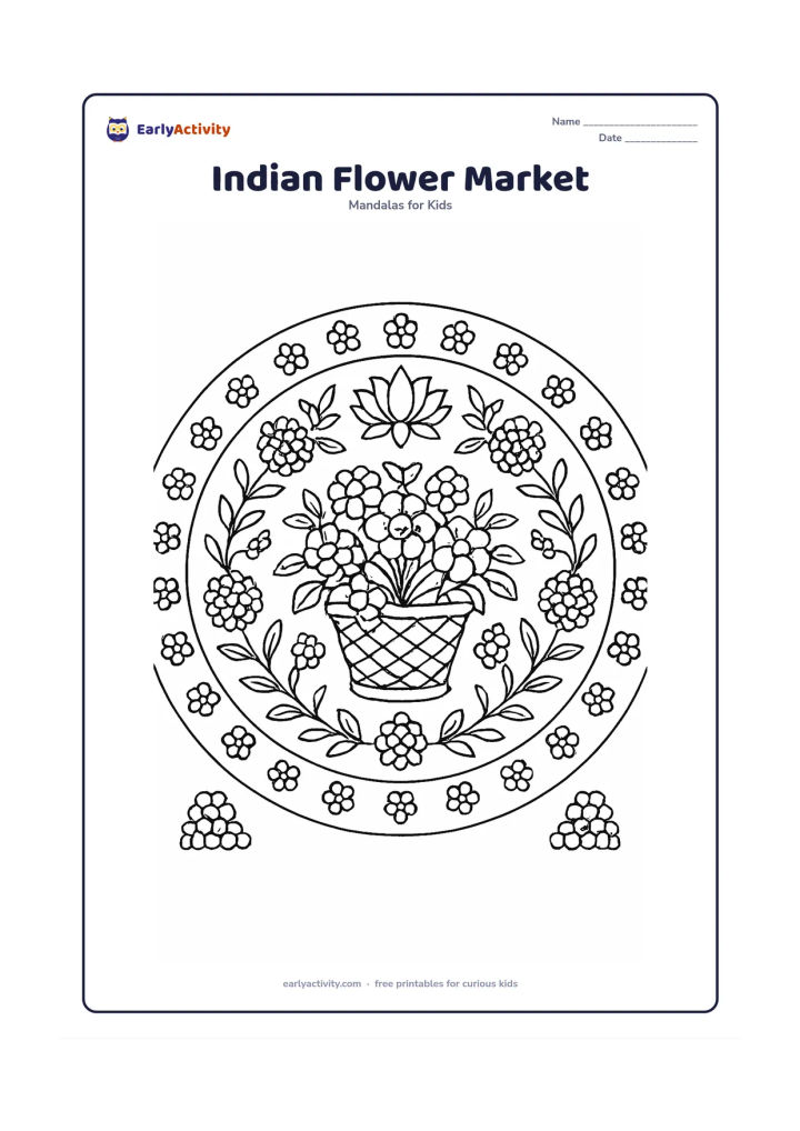 Colouring page: A circular mandala inspired by an Indian flower market, with a central basket of blossoms, garland loops, lotus flowers, marigold clusters and leafy stems arranged symmetrically around…