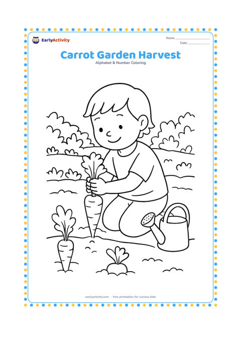 Colouring page: A child kneels in a vegetable garden and gently pulls a carrot from the soil, with two growing carrots, leafy rows, and a watering can nearby. Show the underground carrot and…