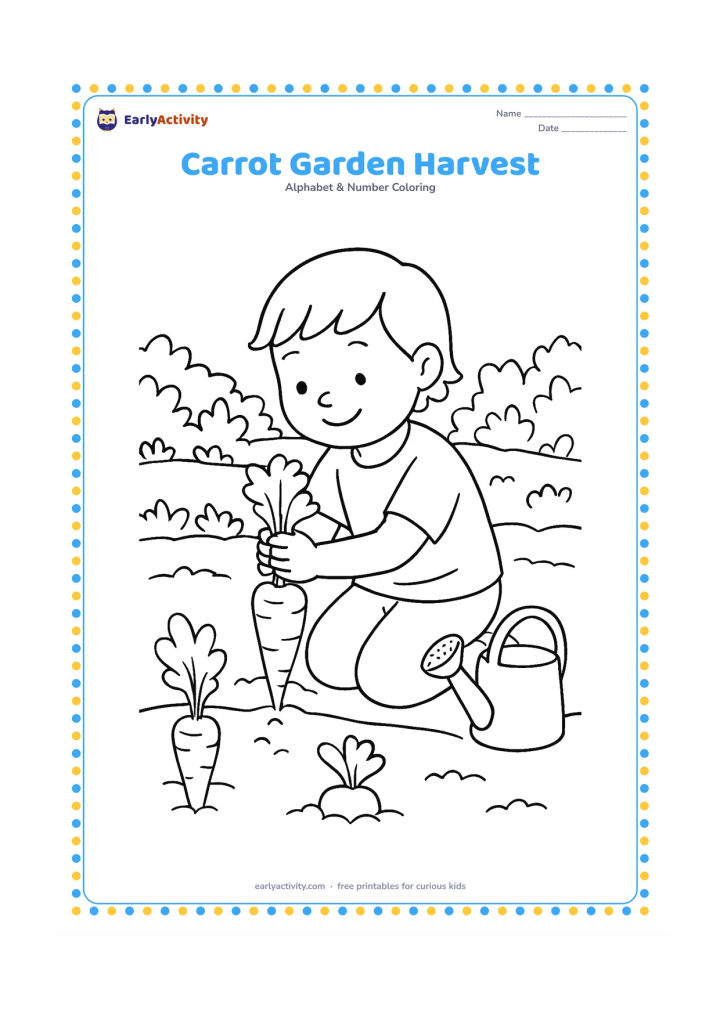 Colouring page: A child kneels in a vegetable garden and gently pulls a carrot from the soil, with two growing carrots, leafy rows, and a watering can nearby. Show the underground carrot and…