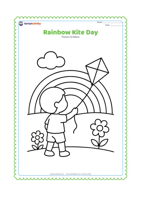 Colouring page: Draw a child holding a simple diamond-shaped kite while a broad rainbow fills the sky behind them. Add one cloud, a grassy ground line and two large flowers.