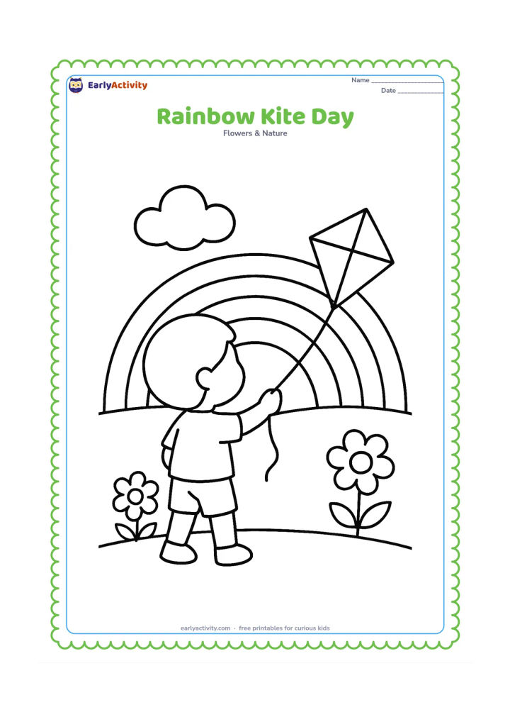 Colouring page: Draw a child holding a simple diamond-shaped kite while a broad rainbow fills the sky behind them. Add one cloud, a grassy ground line and two large flowers.