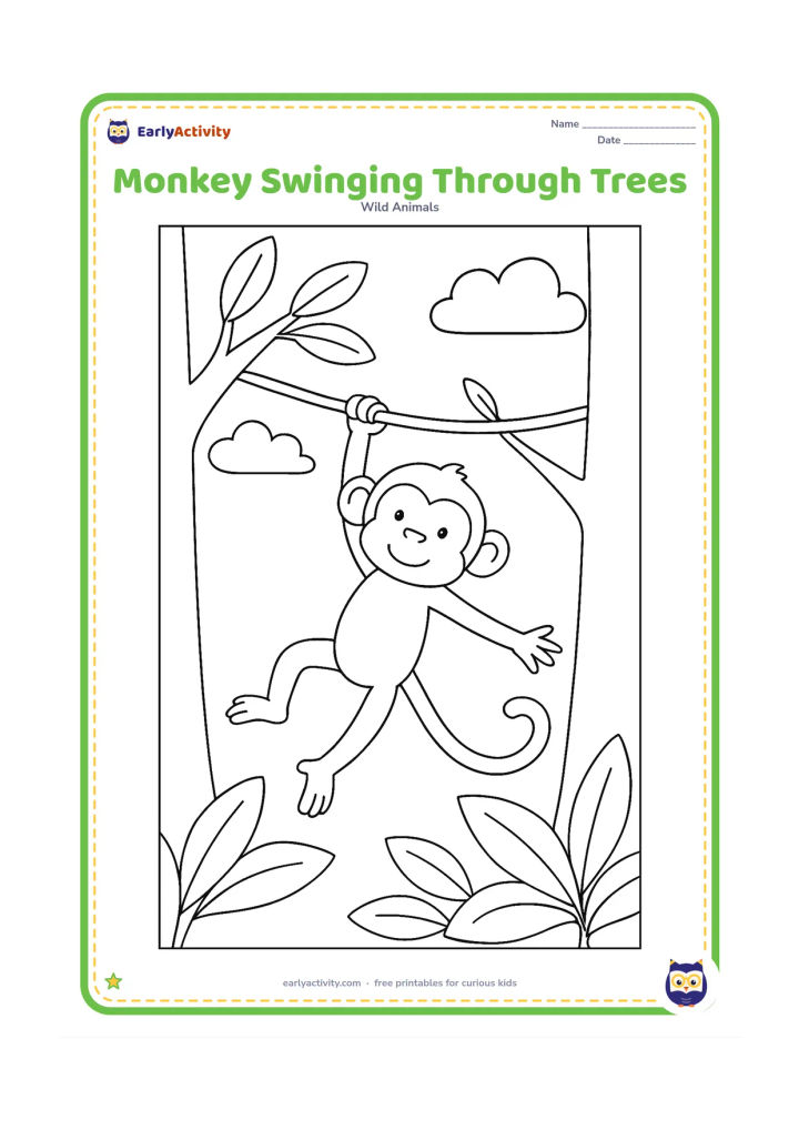 Colouring page: Draw one monkey swinging between two trees on a vine, with its long tail extended behind it. Add overlapping branches, leaves and two clouds.