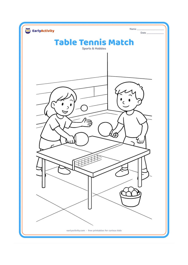 Colouring page: Two children play table tennis across a table, with one child reaching to return the ball and the other holding a paddle ready. Add a sports-hall wall, floor lines and a small basket of…
