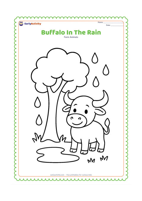 Colouring page: Draw one cheerful buffalo standing under a large leafy tree during a gentle shower. Show a few large raindrops, a puddle and simple grass beneath its feet.
