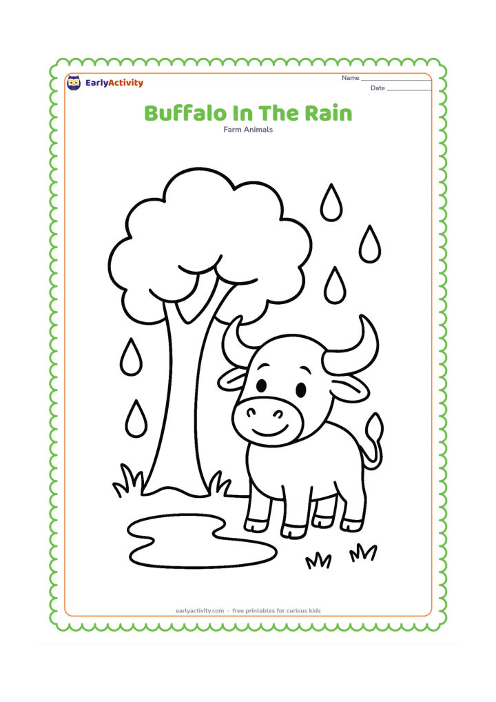 Colouring page: Draw one cheerful buffalo standing under a large leafy tree during a gentle shower. Show a few large raindrops, a puddle and simple grass beneath its feet.