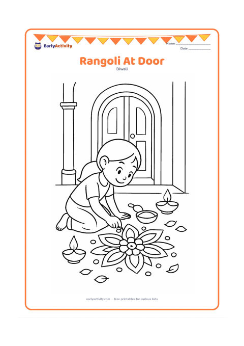 Colouring page: Draw a child finishing a symmetrical rangoli outside an Indian home doorway, with a bowl of powder and a small hand tool nearby. Include two diyas on either side and a few flower petals.