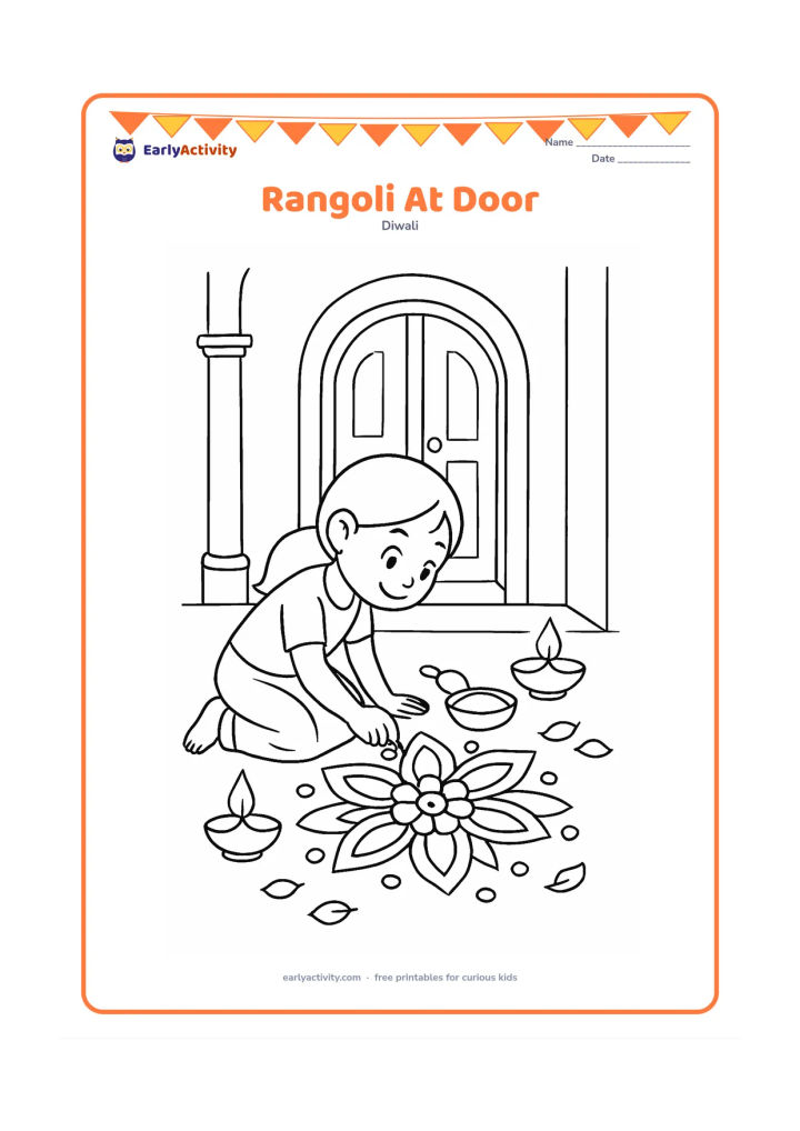Colouring page: Draw a child finishing a symmetrical rangoli outside an Indian home doorway, with a bowl of powder and a small hand tool nearby. Include two diyas on either side and a few flower petals.