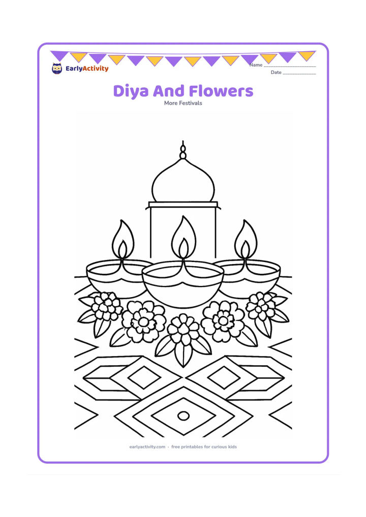 Colouring page: Draw a row of three diyas surrounded by marigold flowers and leaves on a decorated floor pattern, with a simple gurdwara dome softly visible in the background. Show small flames rising…