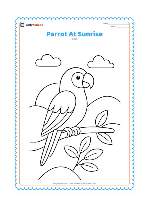 Colouring page: Draw a parrot sitting on a branch against a rising sun, with simple hills, two clouds, and a few leaves in the foreground. The bird should face the light with its wings folded.