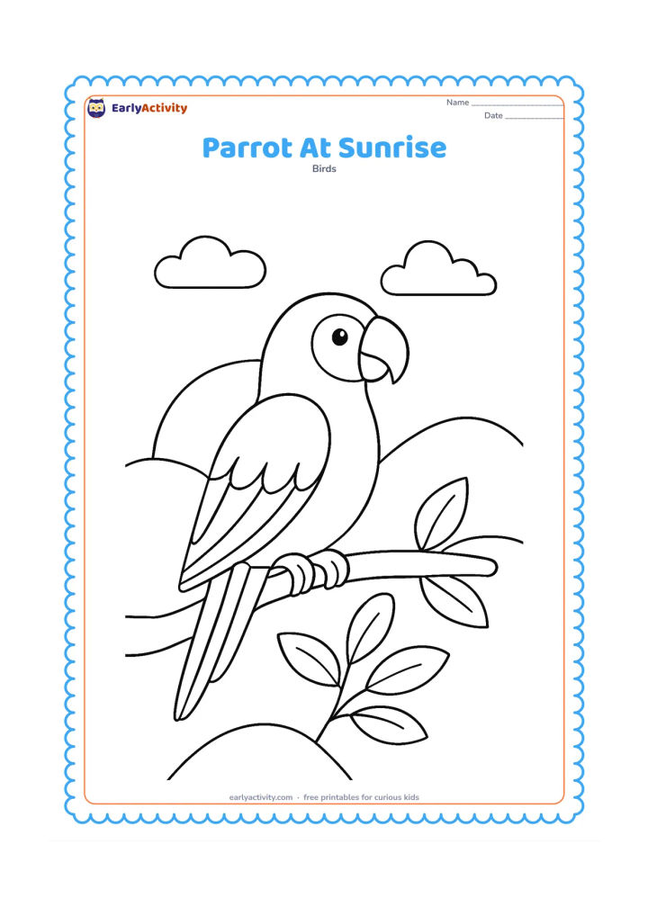 Colouring page: Draw a parrot sitting on a branch against a rising sun, with simple hills, two clouds, and a few leaves in the foreground. The bird should face the light with its wings folded.