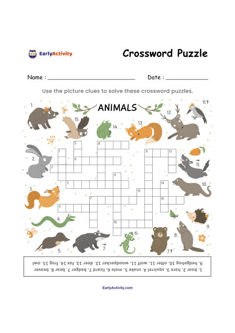 Worksheet with an animal-themed crossword puzzle, picture clues, spaces for a name and date, and illustrations of woodland and farm animals.