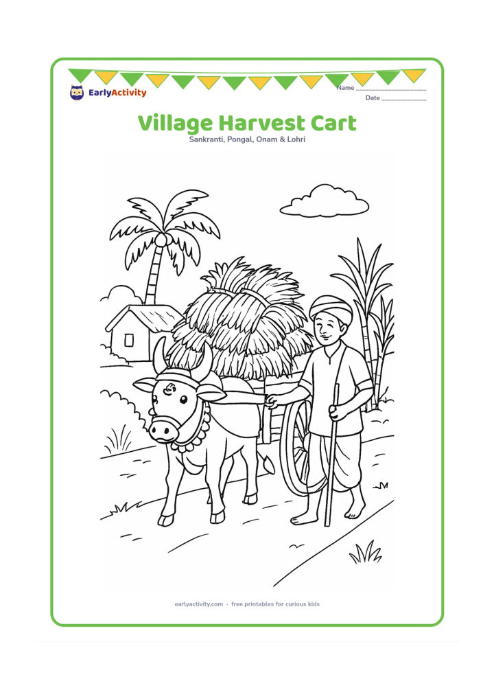 Colouring page: A bullock cart loaded with tied sheaves of rice moves along a village lane, guided by a farmer. Add a decorated cow, palm trees, a small home, and sugarcane beside the path.
