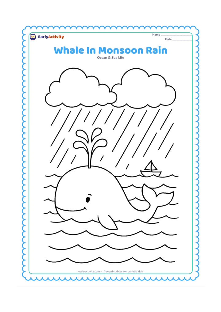 Colouring page: Draw a whale surfacing beneath large rain clouds, with slanting rain lines, rolling waves, and a distant coastal boat. Add a clear blowhole spout that is separate from the rain.