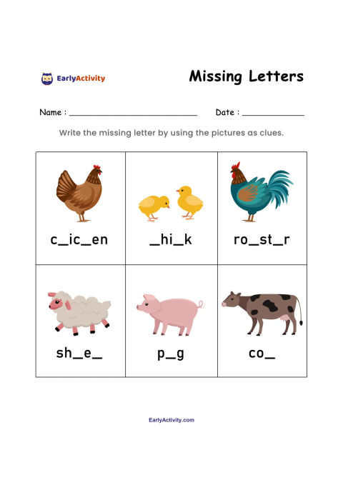 Worksheet showing six farm animals with incomplete names: chicken, chick, rooster, sheep, pig and cow. Children write the missing letters.