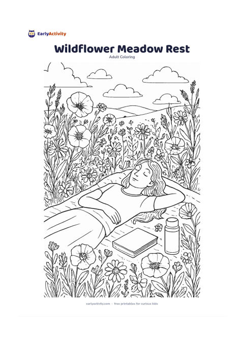 Colouring page: Draw a person resting on a blanket in a wildflower meadow, surrounded by poppies, daisies, grasses and tall leafy stems. Include a closed book with a completely blank cover, a thermos…